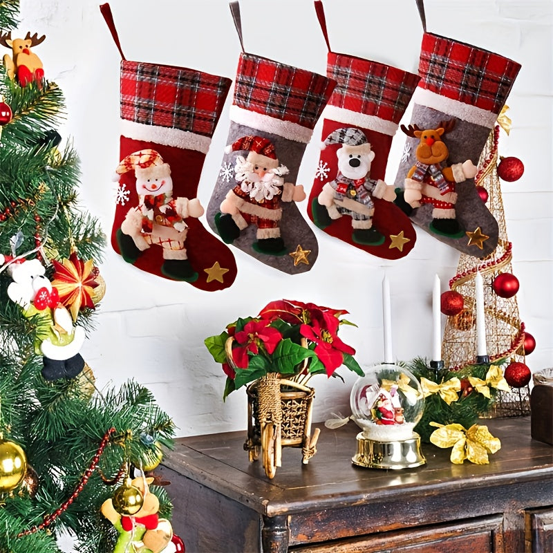 4pcs Christmas Gift Bags, Sock Gift Bags, Christmas Gift Socks, Christmas Decorations, Home Fireplace Tree Decorative Gift Bags, Snowflakes, Santa Claus, Christmas Snowman, Reindeer, Bear, Decorative Socks and More Christmas