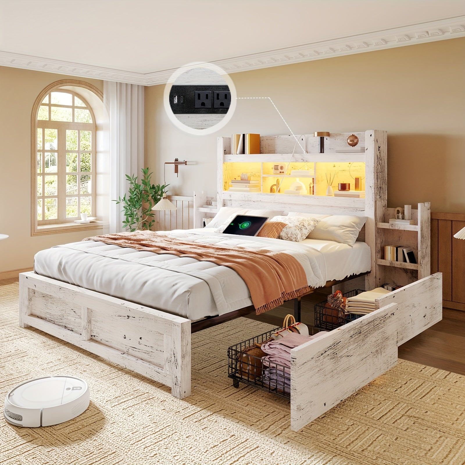 Farmhouse Wooden Bed Frame With 4 Storage Drawers, LED Bed Frame With 49" Tall Bookcase Headboard, Wood Platform Bed With Charging Station & 2 Slide Bedside Shelf