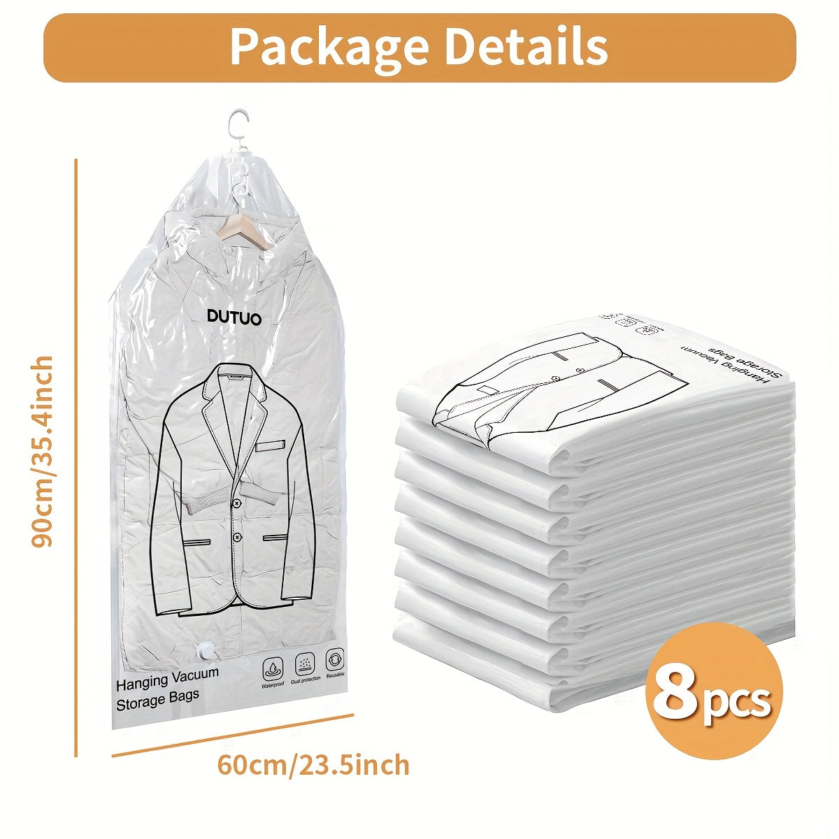 8-Pack Hanging Vacuum Storage Sealer Bags, Space Saving, for Clothes, Suits And Jackets, Wardrobe Organizer Bags, Travel, 8pcs Set (4 Long Bags, 4 Short Bags), White And Transparent