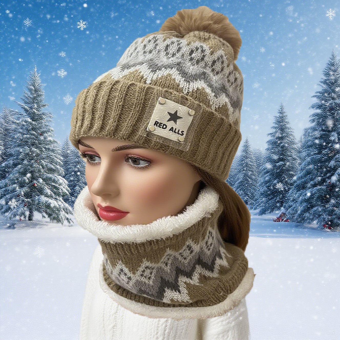 2pcs Winter Women'S Winter Hat and Scarf Set - Star Decoration Pink and White Striped Hat Soft Fleece Beige/Pink/White/Grey/Black, Elastic Stretch Fit, Comfortable Fleece Lining, Suitable for Skiing, Cycling, Daily Cold Weath