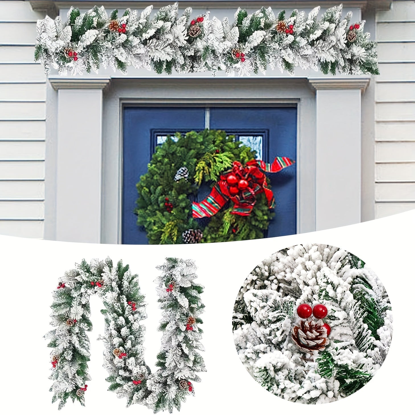 [Classic Christmas Garland] Classic Style 9-Foot Artificial Christmas Garland with Fake Pine Cones And Red Berries - Fireproof PVC Holiday Swag for Indoor, Universal Winter Decorations - No Feathers (1 Pack), Halloween