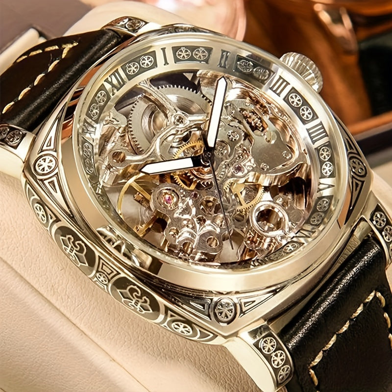 Men's Golden-Tone Automatic Mechanical Watch with Carved Hollow Skeleton Dial, Roman Numerals & World Time Function - Luxury Fashionable Round Watch for Casual & Formal Occasions, Formal Timepiece