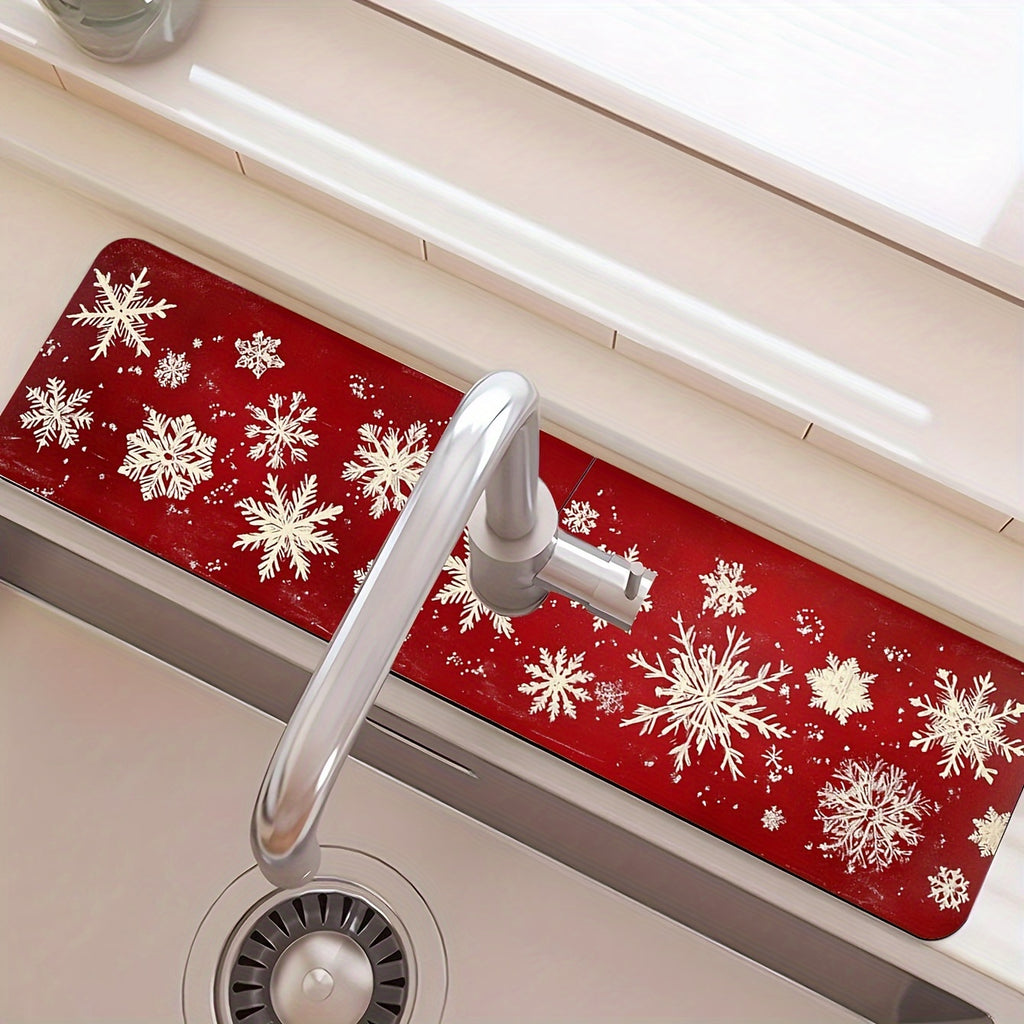[1PC Christmas Snowflake Mat] Christmas Snowflake Red Dish Drying Mat - 1PC Moisture-Wicking Polyester Kitchen Faucet Pad, Durable and Absorbent Sink Surround Cover for Holiday Decor, Ideal for Home and Gift Use