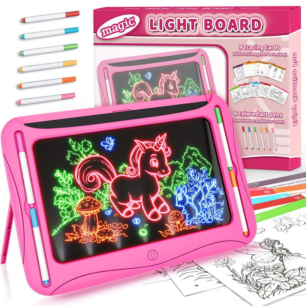 LED Light-Up Drawing Writing Doodle Board, Learning Travel Toy with 9 Double-Sided Cards, 6 Markers, Art Set, Suitable for Birthday Gifts And Christmas Gifts for Girls And Boys Aged 3-8.