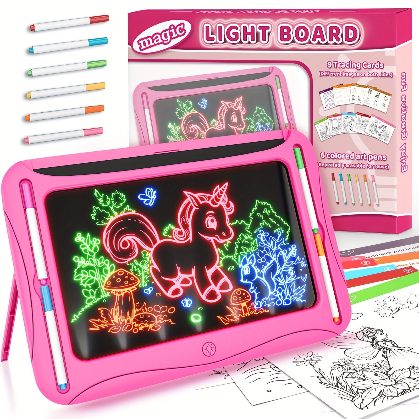 LED Light-Up Drawing Writing Doodle Board, Learning Travel Toy with 9 Double-Sided Cards, 6 Markers, Art Set, Suitable for Birthday Gifts And Christmas Gifts for Girls And Boys Aged 3-8.