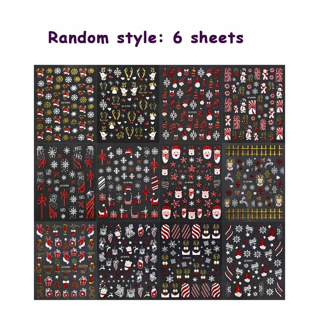 6 Sheets 5D Embossed Cute Cartoon Christmas Nail Art Stickers- Self-Adhesive Nail Decals with Santa Claus Snowman Elk Xmas Tree Designs, Festival Themed Nail Art Accessories Supplies for Women, Party Nails, Festive Manicure,