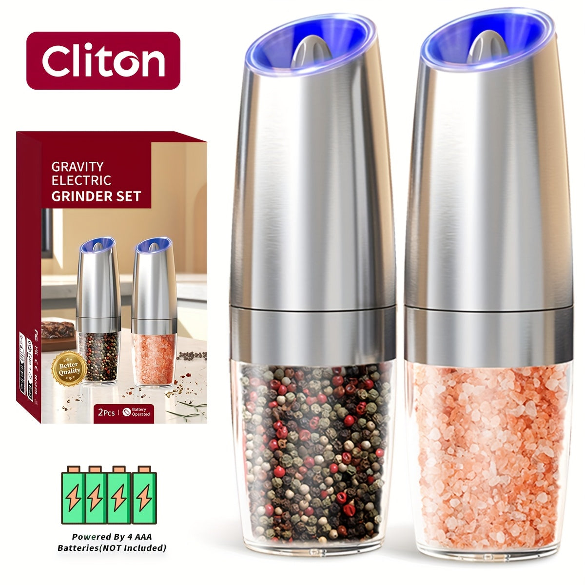 1pc/2pcss Electric Salt And Pepper Grinder, Automatic Pepper Mill, Salt And Pepper Grinder Electric 2pcs, Tilted Automatic Grind With LED Light, Battery Powered, Adjustable Coarseness, Easy To Clean, One-Hand Operation, Kitch