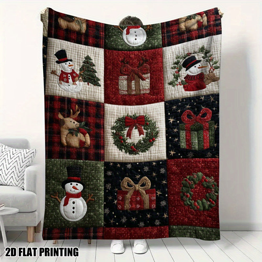 Extra Large Christmas Plaid Flannel Blanket, Ultra-Soft All-Season Bedspread Throw, Durable Material Plush Fabric Decorative Throw, for Bed Sofa Chair Office, 1pc, Red Green Golden White Black Navy, Festive Snowman Reindeer H