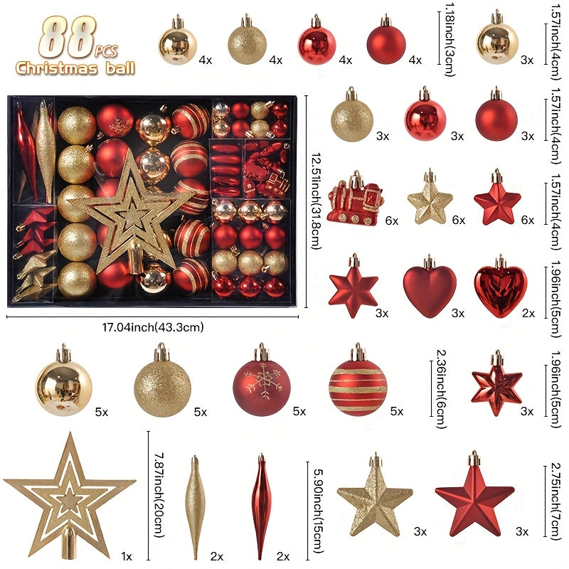 88 Red and Golden Christmas Set, Festive Painted Hanging Ornaments, Christmas Tree Topper, Unique Shaped Decorations, Suitable for Christmas Decoration and Christmas Ball Decorations