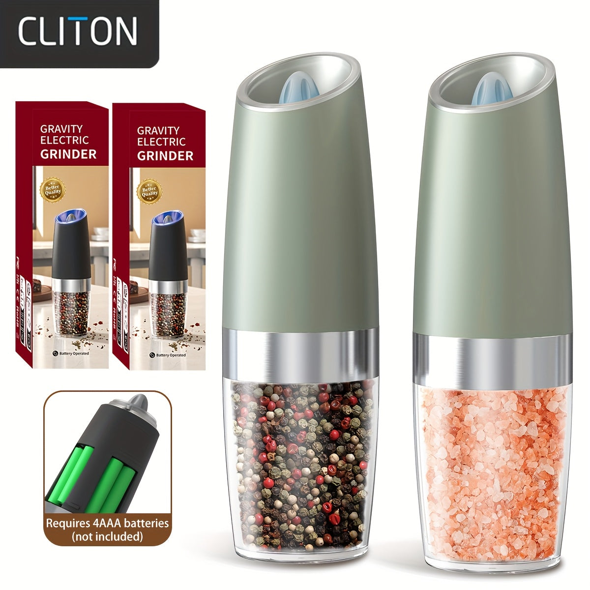 1pc/2pcss Electric Salt And Pepper Grinder, Automatic Pepper Mill, Salt And Pepper Grinder Electric 2pcs, Tilted Automatic Grind With LED Light, Battery Powered, Adjustable Coarseness, Easy To Clean, One-Hand Operation, Kitch