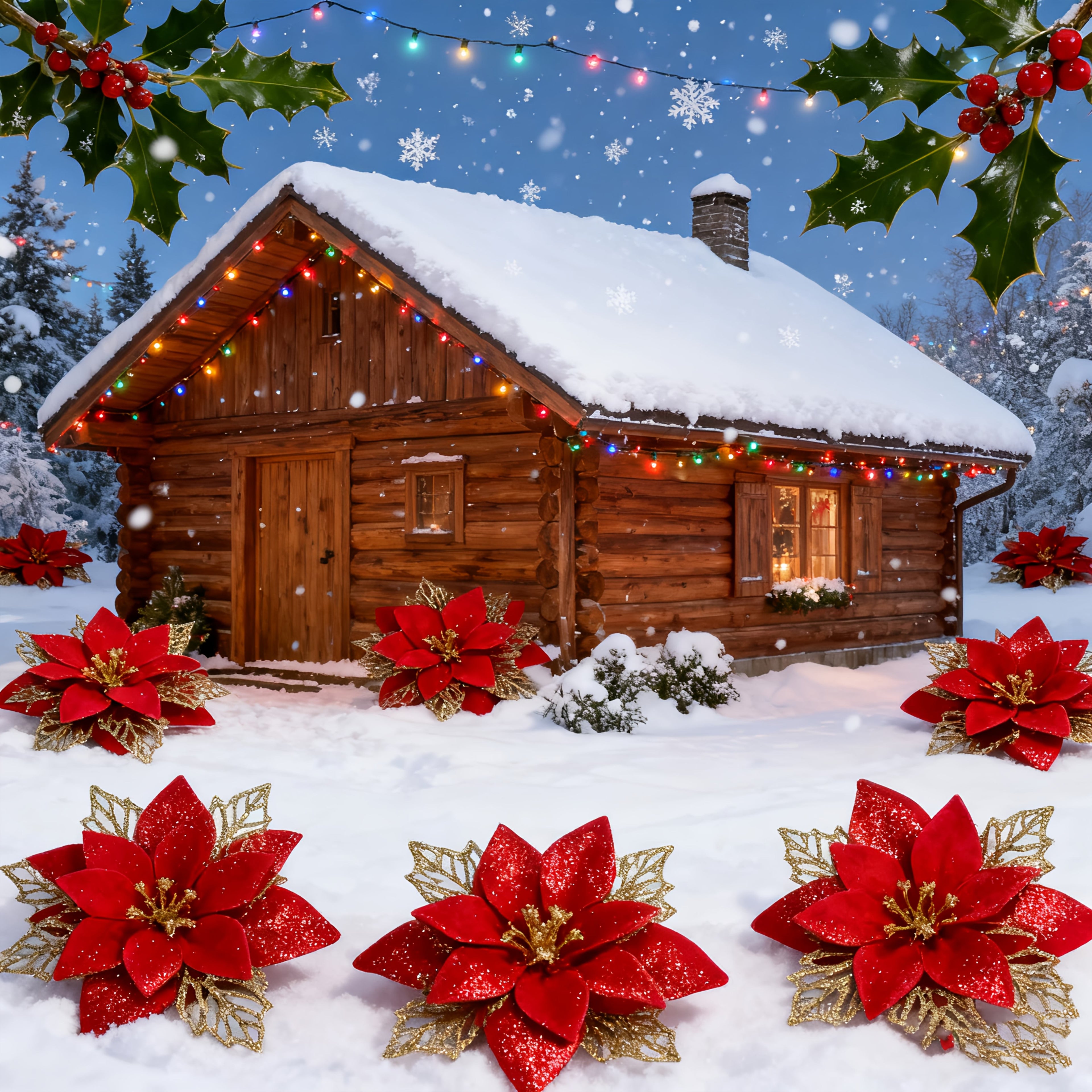 [Christmas] 20pcs/1 Set Christmas Artificial Flowers, 14cm Length with Vibrant Red Petals and Golden Edges, Includes Clips for Easy Installation. Suitable for Tree