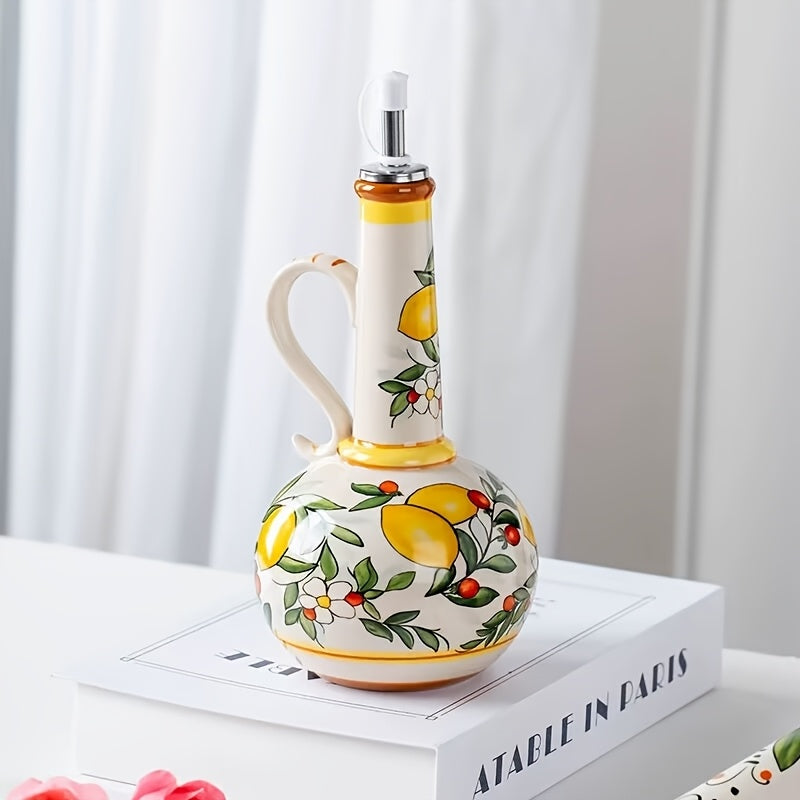 Hand-Painted Ceramic Olive Oil Dispenser with Vibrant Fruit & Leaf Design - Leak-Proof Kitchen Oil Bottle for Olive Oil, Vinegar, Soy Sauce - Elegant Oval Shape, Freezer Safe, Olive Oil Dispenser