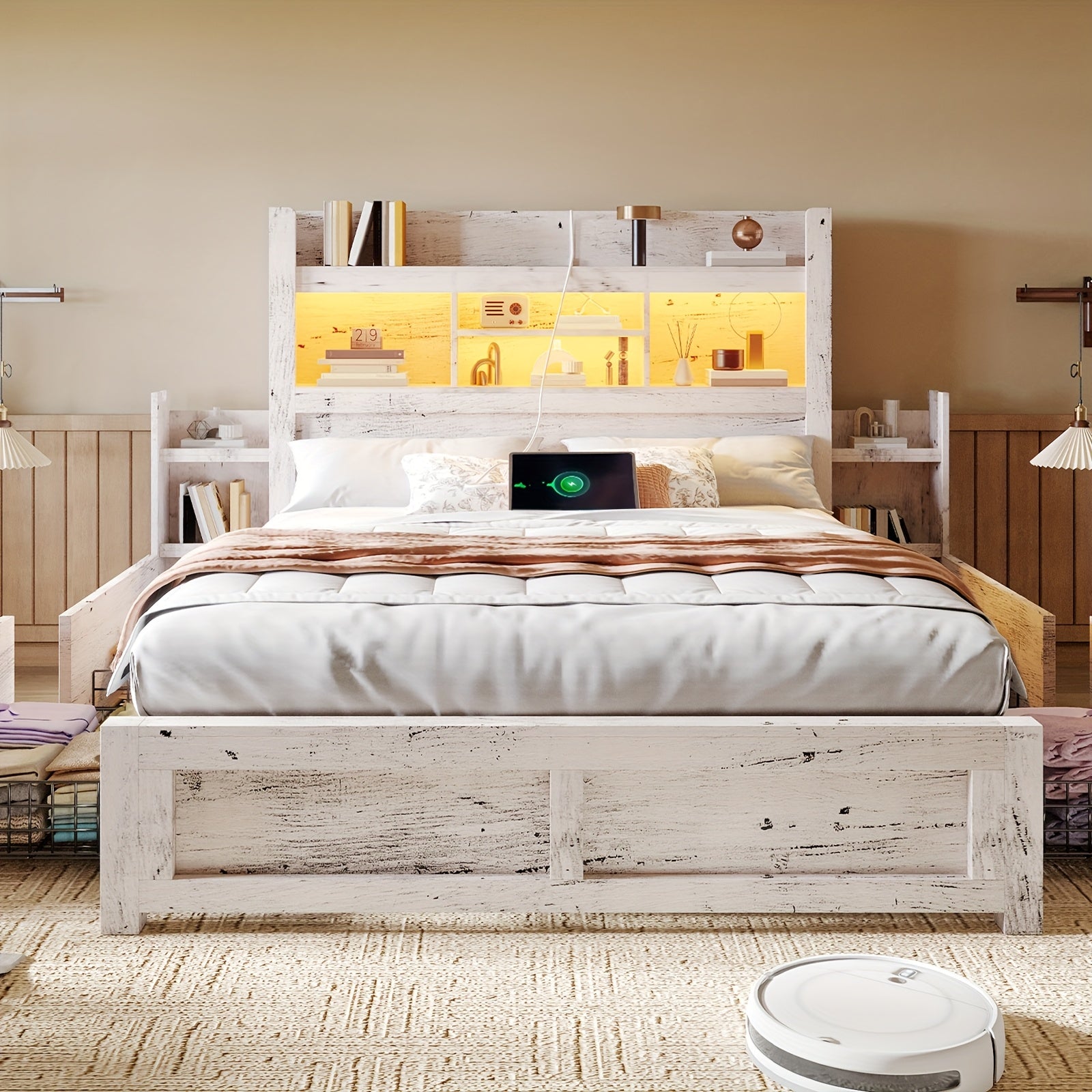 Farmhouse Wooden Bed Frame With 4 Storage Drawers, LED Bed Frame With 49" Tall Bookcase Headboard, Wood Platform Bed With Charging Station & 2 Slide Bedside Shelf