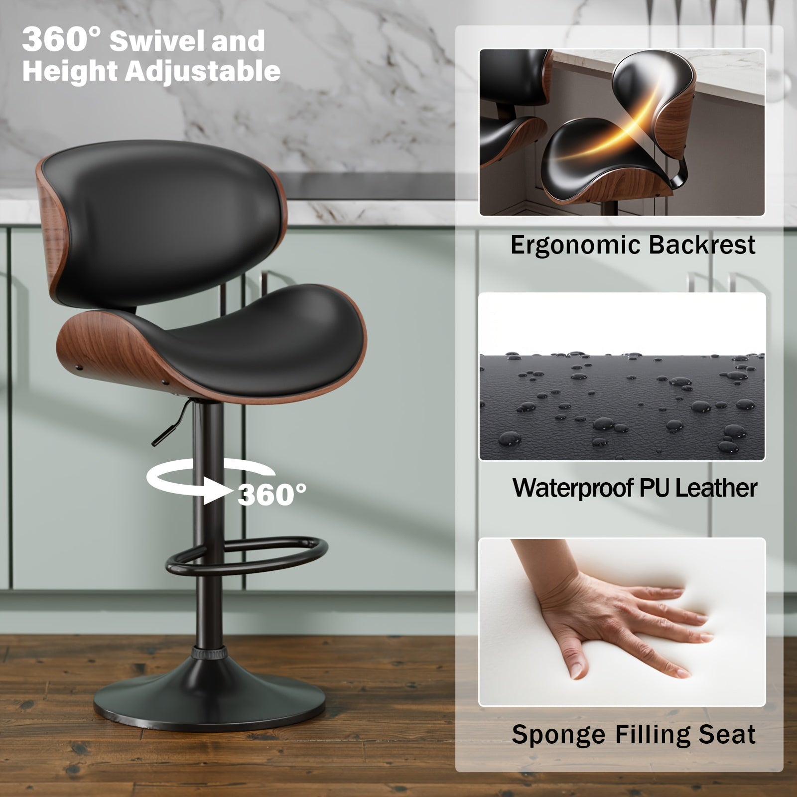 Bar Stools, Swivel Adjustable Height Barstools, PU Leather Upholstered Bar Chairs With Footrest, Bentwood Bar Stool For Kitchen, Bar, Dining Room
