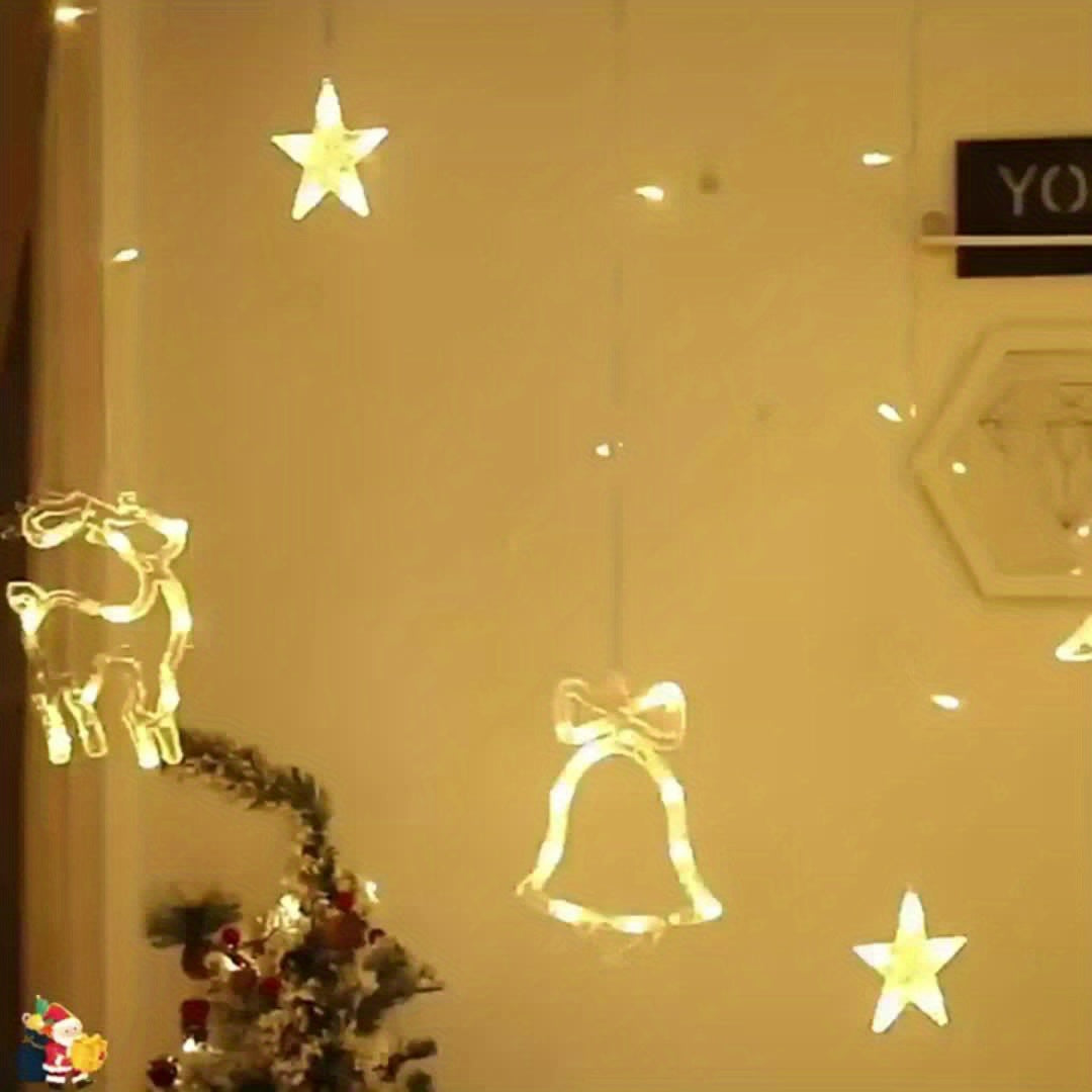 [Christmas Wedding Party] LED 11.5ft USB Powered Curtain Light Christmas Tree, Reindeer, Bells Curtain Lights for Christmas Wedding Party Bedroom Decoration, Warm White