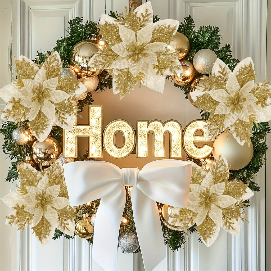 [Shiny Golden Christmas Flowers] 20pcs Shiny Golden Christmas Flowers | 10 Blooms & 10 Clips, No Electricity Needed, Durable Plastic Poinsettia for Xmas Tree Wreaths, Weddings, Parties, Holiday Decorations, Festive Floral Arr