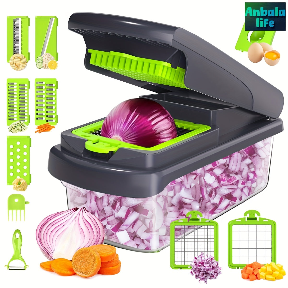 Anbala-14 1-in-1 Vegetable Chopper, Kitchen Gadgets, Vegetable Chopper, Food Chopper, Onion Chopper, Cucumber Slicer, Multifunctional Mandoline, with 7 Blades, Including Egg Separator and Finger Guards, Gray + White, French F