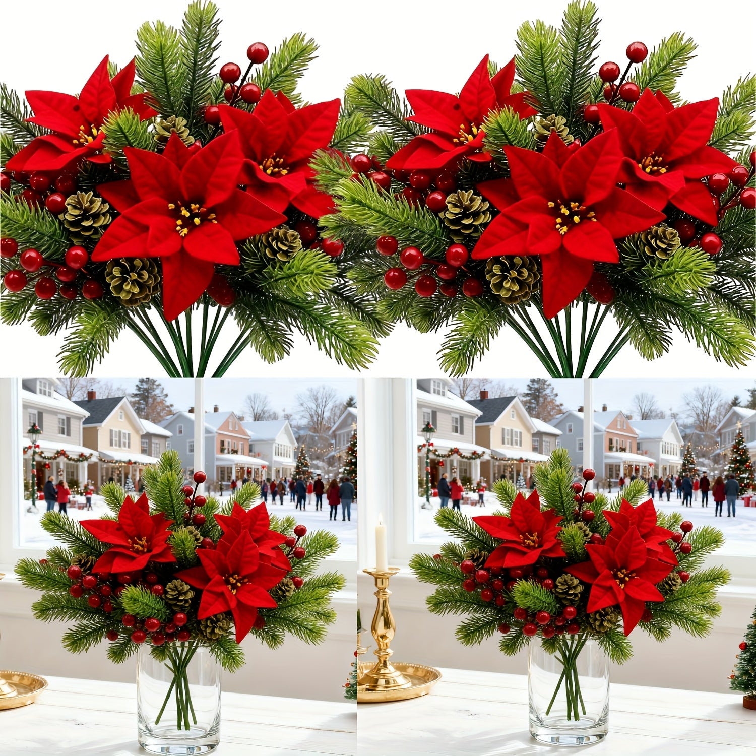 5-Pack Premium Poinsettia Pine Branch Artificial Flowers with Faux Pinecones and Berries Bouquet - Holiday Faux Flower Decor, Suitable for Home Decor, Wreath Decor, Christmas Theme, Christmas, DIY Indoor and Outdoor Wedding P