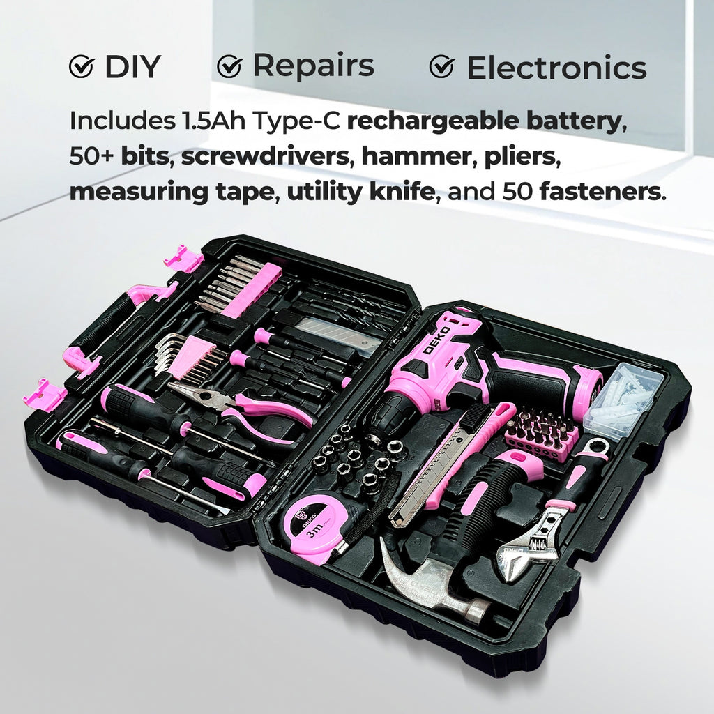 119PCS Power Tool Box Set With 8V Cordless Drill / Driver | Tape Measure | Wrench | Screwdriver and Utility Knife, All in One Hand Tools kit | Household Tool Set for Garden | DIY | Fall Home Decor | Outdoor Repairs | Summer C