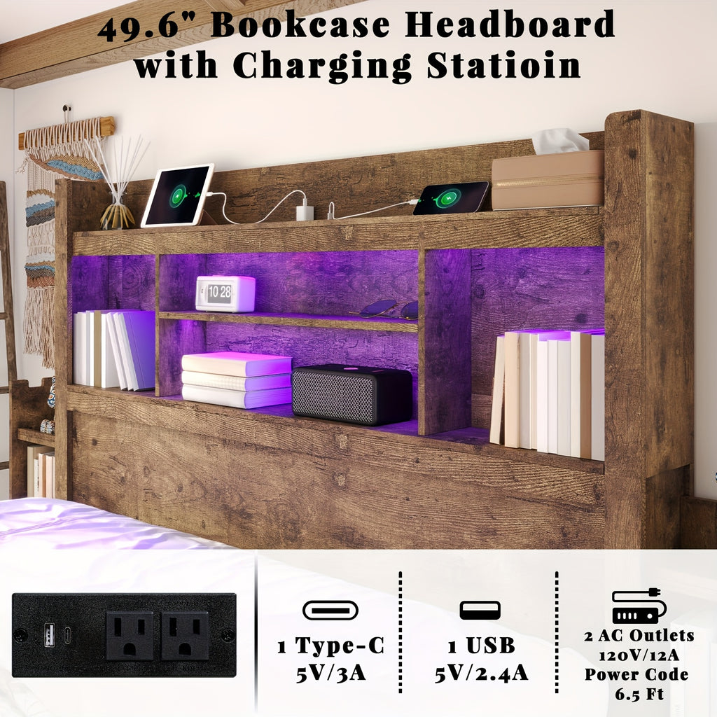 Farmhouse Wooden Bed Frame With 4 Storage Drawers, LED Bed Frame With 49" Tall Bookcase Headboard, Wood Platform Bed With Charging Station & 2 Slide Bedside Shelf