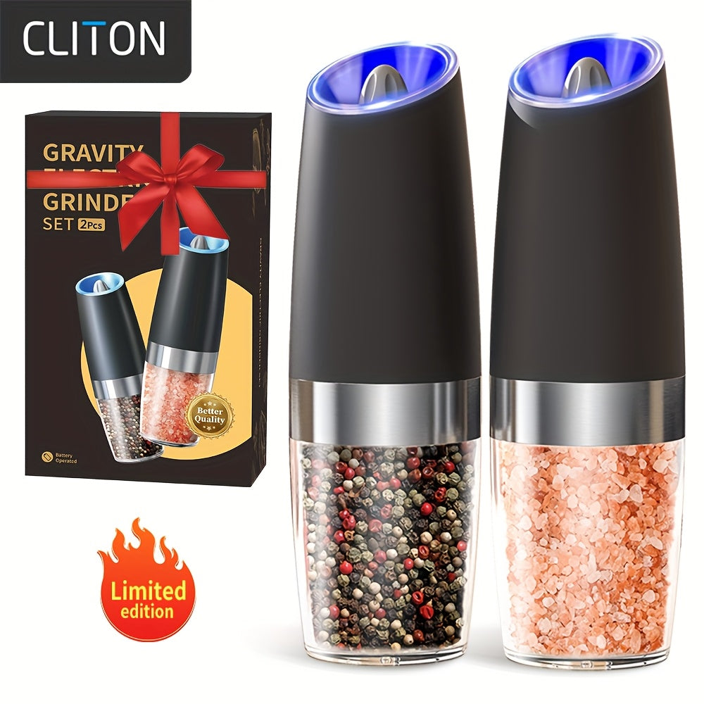1pc/2pcss Electric Salt And Pepper Grinder, Automatic Pepper Mill, Salt And Pepper Grinder Electric 2pcs, Tilted Automatic Grind With LED Light, Battery Powered, Adjustable Coarseness, Easy To Clean, One-Hand Operation, Kitch