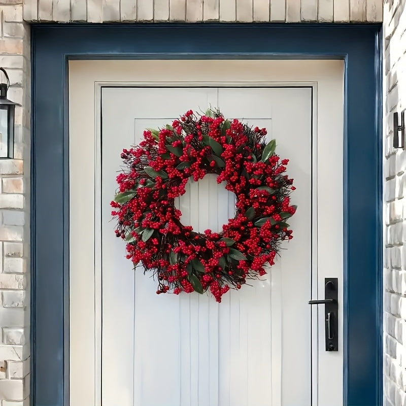 1pc Large Artificial Holly Berry Wreath with Realistic Red Berries & Green Leaves - Oversized Round Door Wall Hanging for Christmas, Hanukkah, Easter, Thanksgiving - /Outdoor Plastic Faux Holly Wreath for Mantel, Porch,