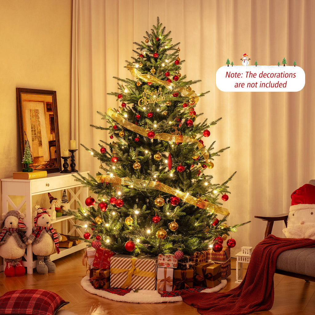 COSTWAY 6/7/8 FT Pre-Lit Artificial Tree, Hinged Xmas Tree w/ 778/1090/1480 PVC & PE Branch Tips, 240/340/450 Warm White LED Lights, 8 Modes, Foldable Metal Stand, Holiday Full Tree Seasonal Home Office Party Decoration