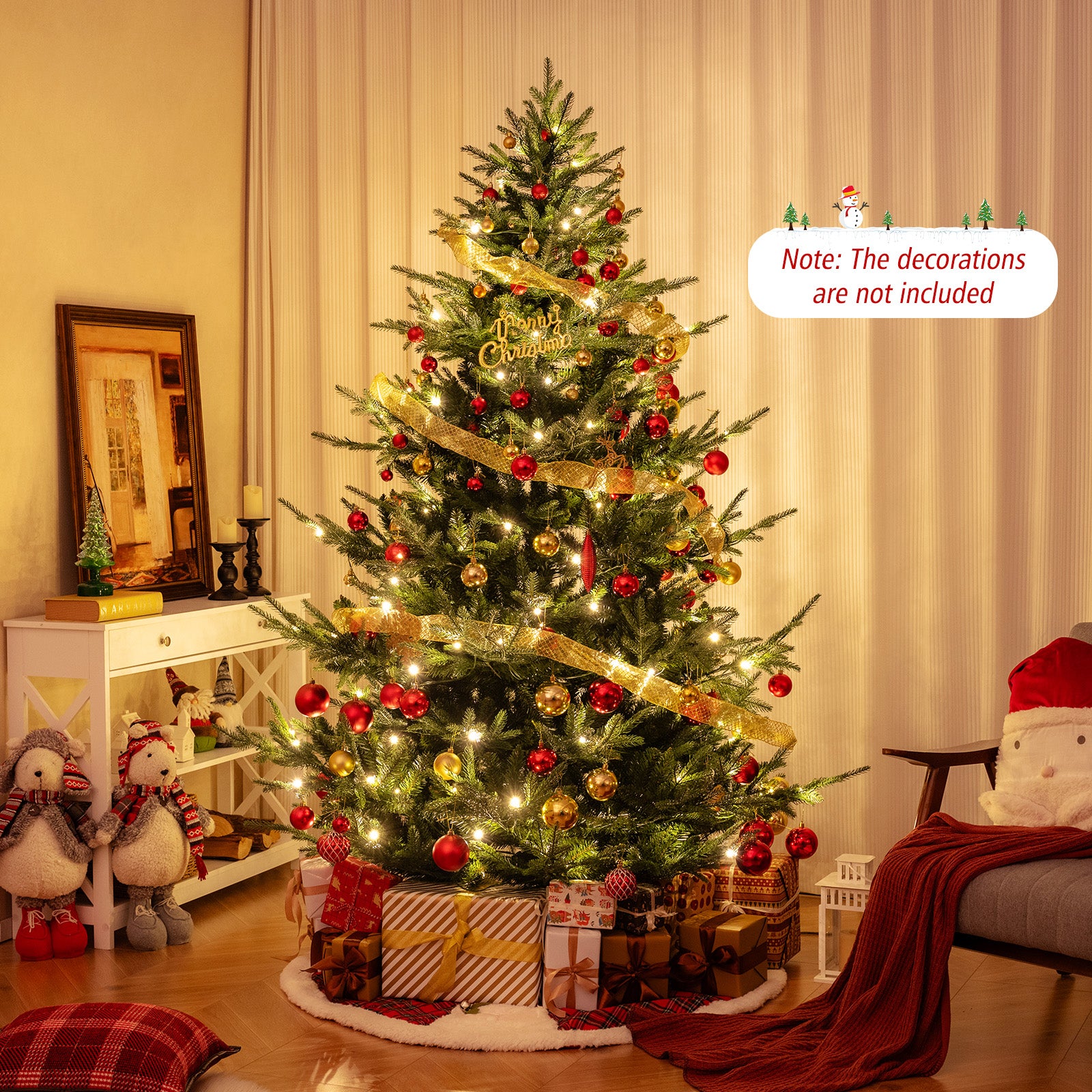 COSTWAY 6/7/8 FT Pre-Lit Artificial Tree, Hinged Xmas Tree w/ 778/1090/1480 PVC & PE Branch Tips, 240/340/450 Warm White LED Lights, 8 Modes, Foldable Metal Stand, Holiday Full Tree Seasonal Home Office Party Decoration