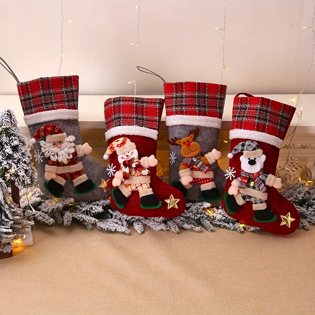 4pcs Christmas Gift Bags, Sock Gift Bags, Christmas Gift Socks, Christmas Decorations, Home Fireplace Tree Decorative Gift Bags, Snowflakes, Santa Claus, Christmas Snowman, Reindeer, Bear, Decorative Socks and More Christmas