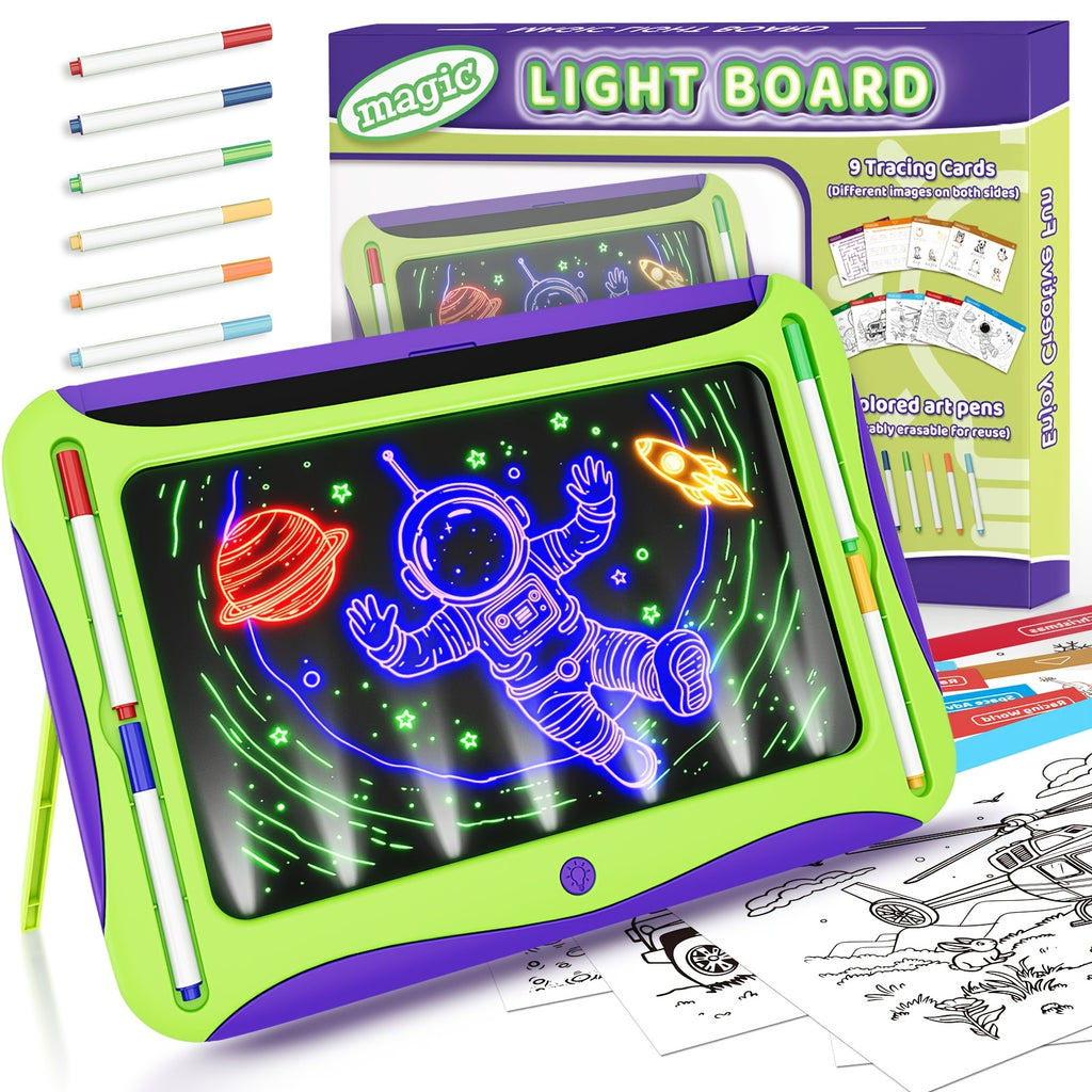 LED Light-Up Drawing Writing Doodle Board, Learning Travel Toy with 9 Double-Sided Cards, 6 Markers, Art Set, Suitable for Birthday Gifts And Christmas Gifts for Girls And Boys Aged 3-8.