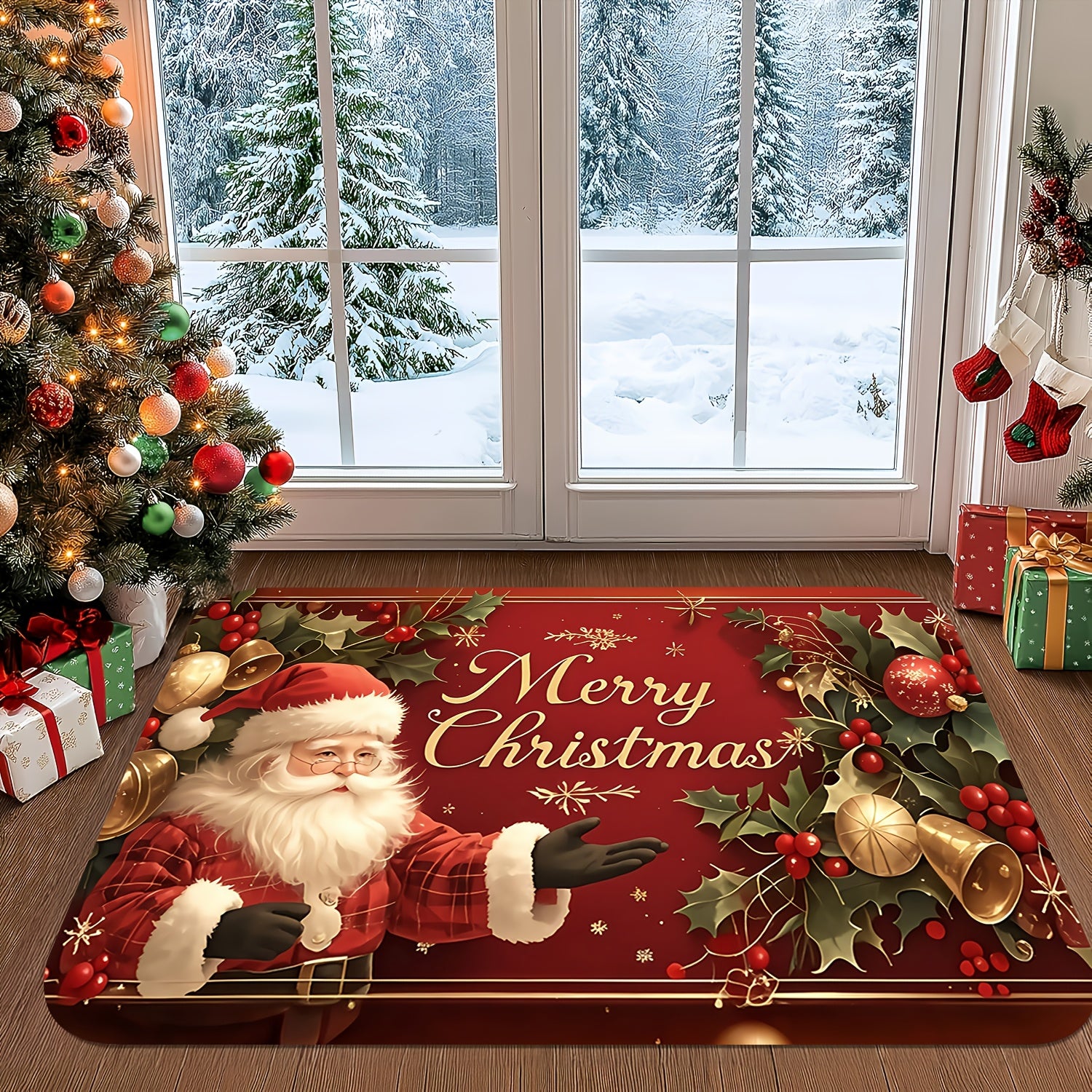 [Christmas Welcome Mat] 1pc Christmas Welcome Mat | Santa Claus & Tree Pattern | "Merry Christmas" Text | Machine Washable | Festive Holly Berry Golden Accents | Indoor/Outdoor Door Mat