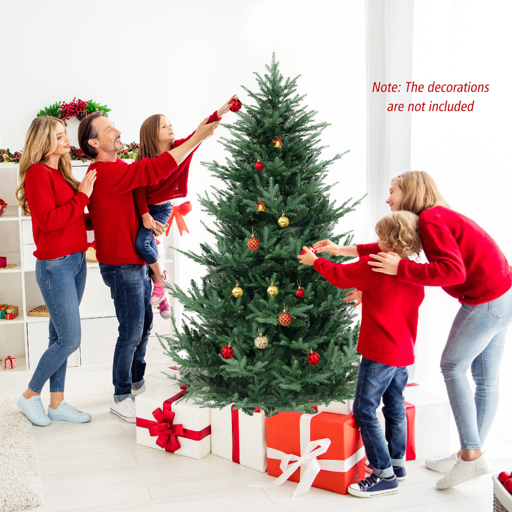 COSTWAY 6/7/8 FT Pre-Lit Artificial Tree, Hinged Xmas Tree w/ 778/1090/1480 PVC & PE Branch Tips, 240/340/450 Warm White LED Lights, 8 Modes, Foldable Metal Stand, Holiday Full Tree Seasonal Home Office Party Decoration