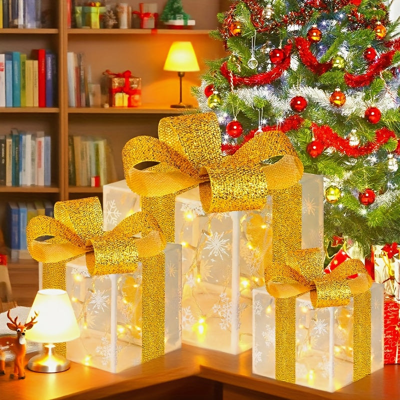 3pcs Christmas Thanksgiving LED Light-Up Gift Box with Multiple Lights Modes, No Built-Battery Glowing Decorative Red Bow Xmas Tree Yard Home Ornament (3*AA Batteries Not Included), Christmas Decorations For Home, Santa Claus