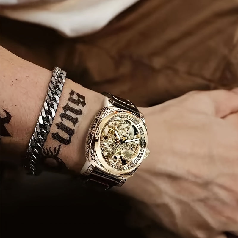 Men's Golden-Tone Automatic Mechanical Watch with Carved Hollow Skeleton Dial, Roman Numerals & World Time Function - Luxury Fashionable Round Watch for Casual & Formal Occasions, Formal Timepiece