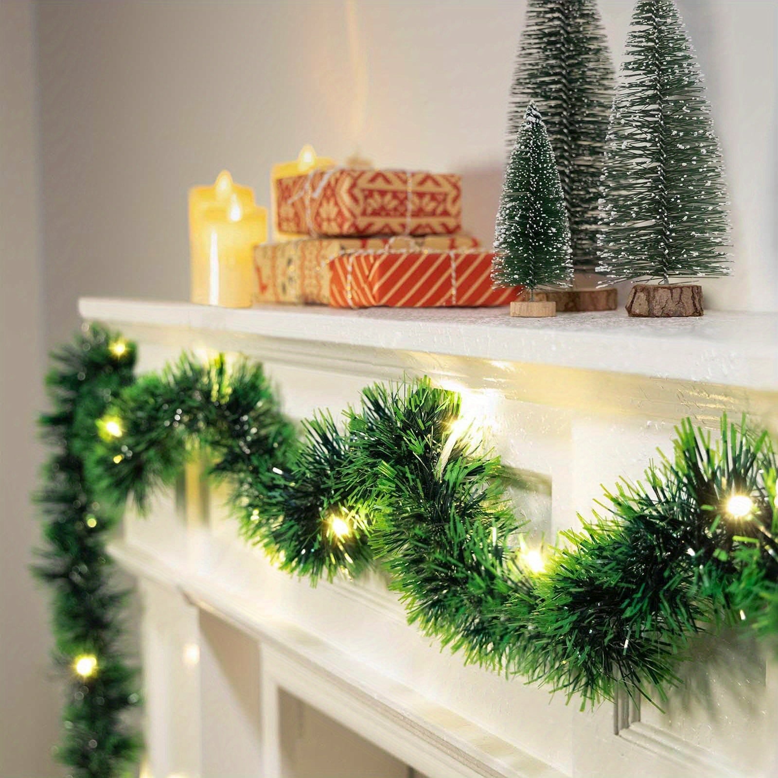 Pre-Lit Christmas Garland with Lights, 2 pcs 400 cm 30 LED Operated Greenery, Plastic Material No Feathers, for Stairs Railing Fireplace Mantle & Door Frame Decor, Indoor Office Holiday Decoration, Wall Hanging Christmas Deco