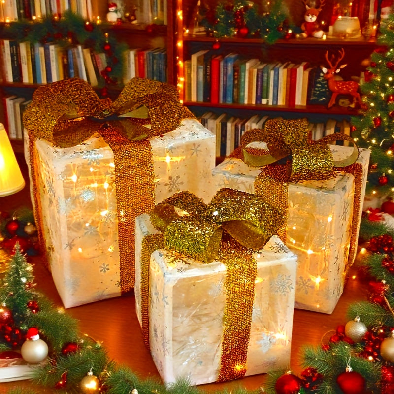 3pcs Christmas Thanksgiving LED Light-Up Gift Box with Multiple Lights Modes, No Built-Battery Glowing Decorative Red Bow Xmas Tree Yard Home Ornament (3*AA Batteries Not Included), Christmas Decorations For Home, Santa Claus