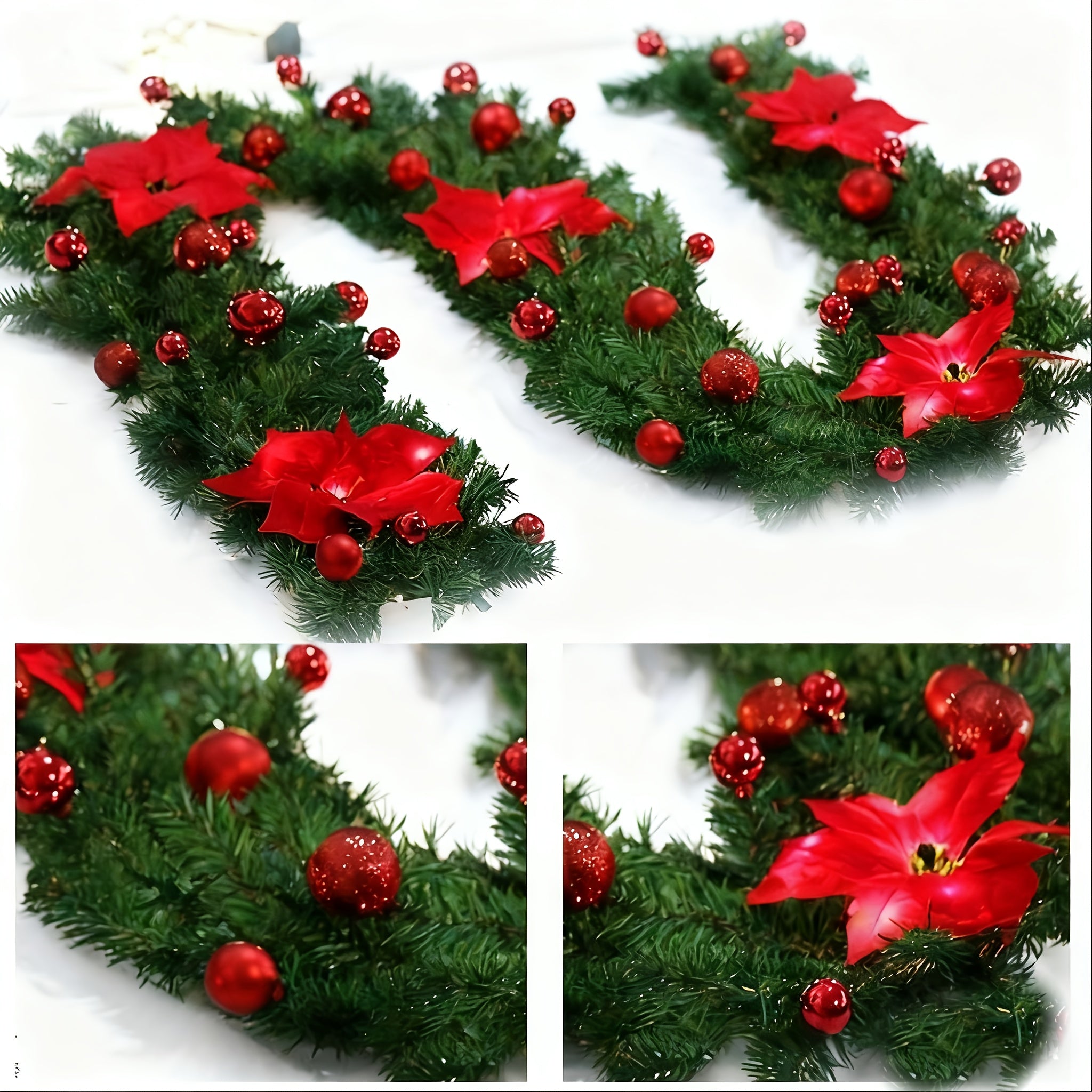 Classic Artificial Christmas Garland with Red Poinsettias & Berries - Outdoor/Indoor Plastic Holiday Decor, No Electricity Needed, DIY Home & Store Decoration, Christmas Decorations, Festive Wreath Crafting, Halloween Decorat