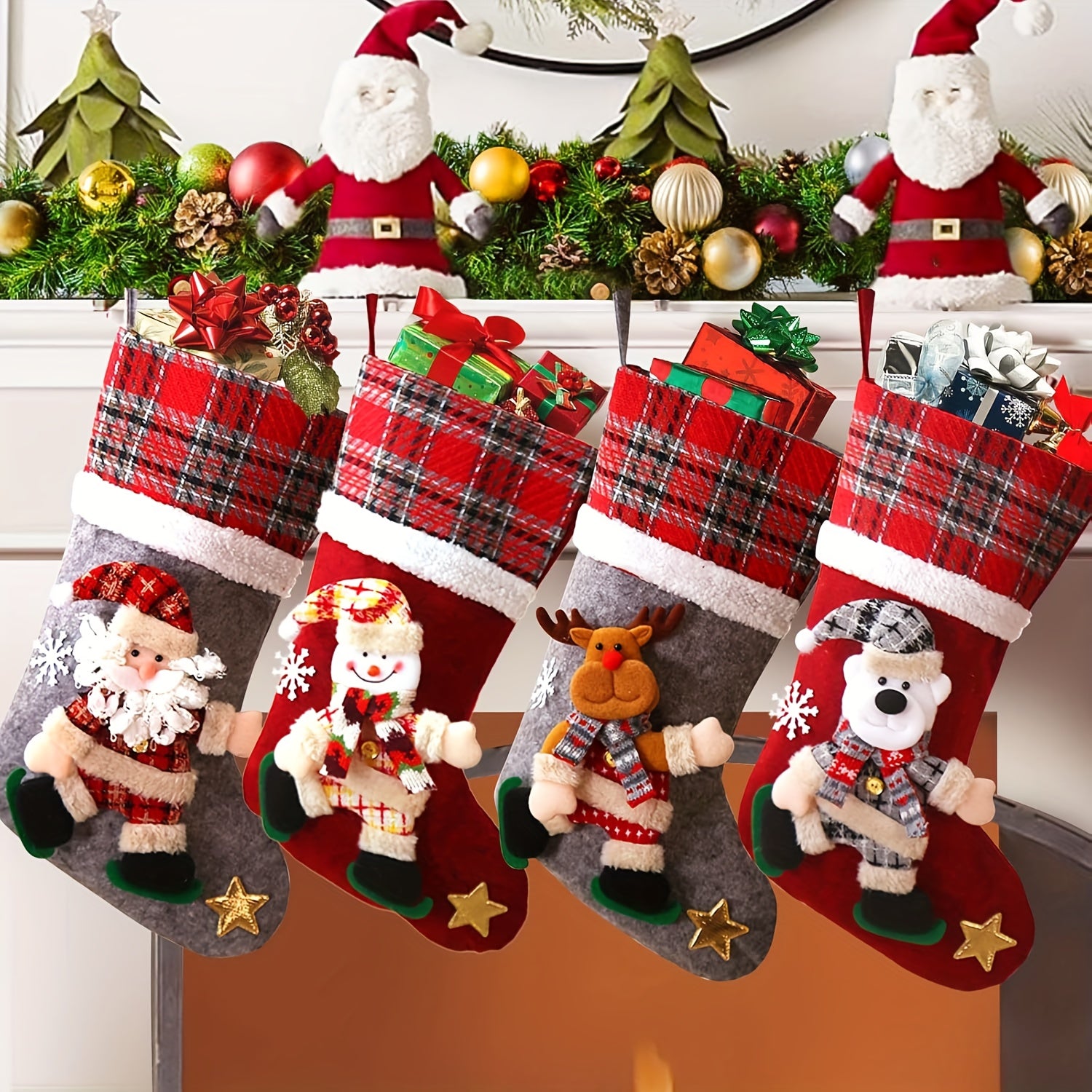 4pcs Christmas Gift Bags, Sock Gift Bags, Christmas Gift Socks, Christmas Decorations, Home Fireplace Tree Decorative Gift Bags, Snowflakes, Santa Claus, Christmas Snowman, Reindeer, Bear, Decorative Socks and More Christmas