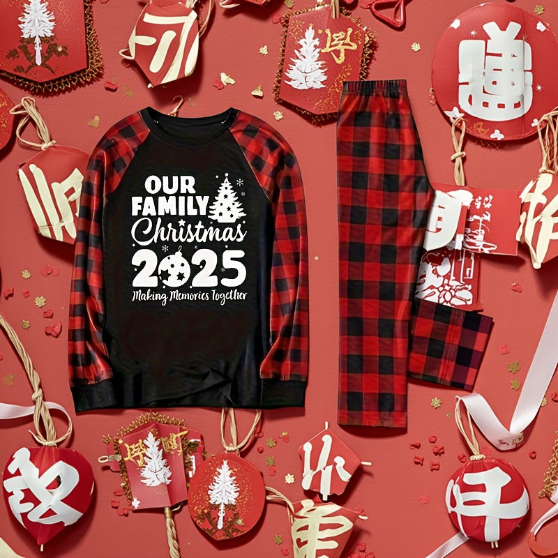 Two Piece Family Matching Christmas Pajamas Set 2025 PJ Party Holiday Gift For Whole Family Flame Resistant Long Sleeve Crew Neck "Making Memories Together" Christmas Tree Contrast Print Black Red Plaid Splice Pants Machine W
