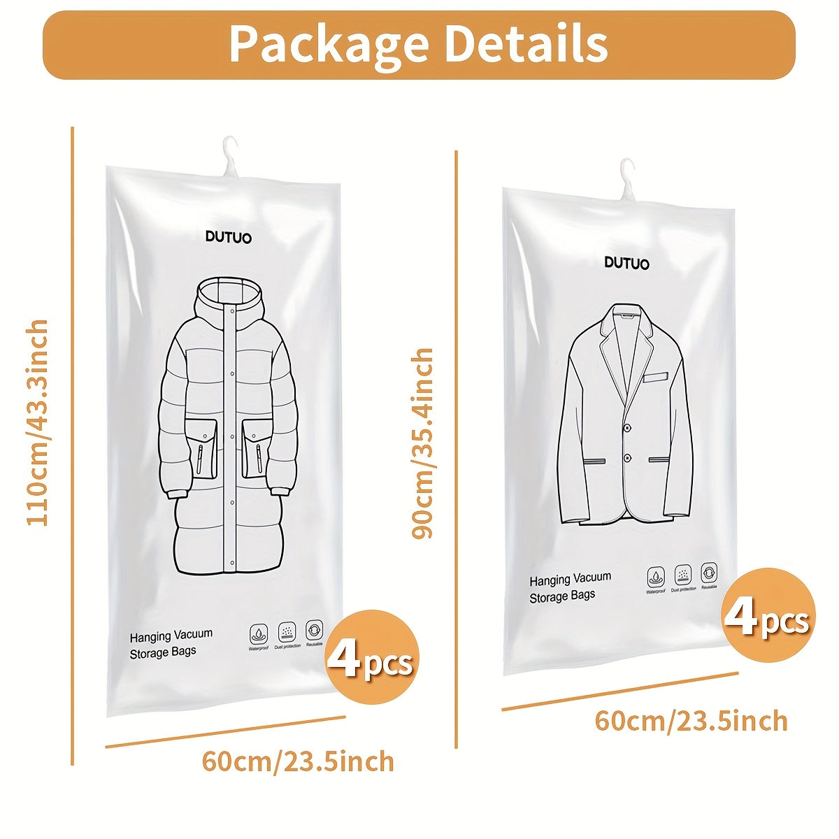 8-Pack Hanging Vacuum Storage Sealer Bags, Space Saving, for Clothes, Suits And Jackets, Wardrobe Organizer Bags, Travel, 8pcs Set (4 Long Bags, 4 Short Bags), White And Transparent