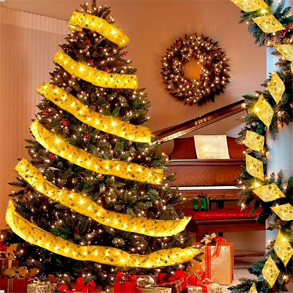 1pc 39.37/118.11/196.85/393.7inch Golden Christmas Ribbon Fairy Lights - Elegant ribbon shaped garland decoration with warm glow ( - Suitable for indoor Christmas trees, stairs, garlands, parties - Durable plastic holiday lig