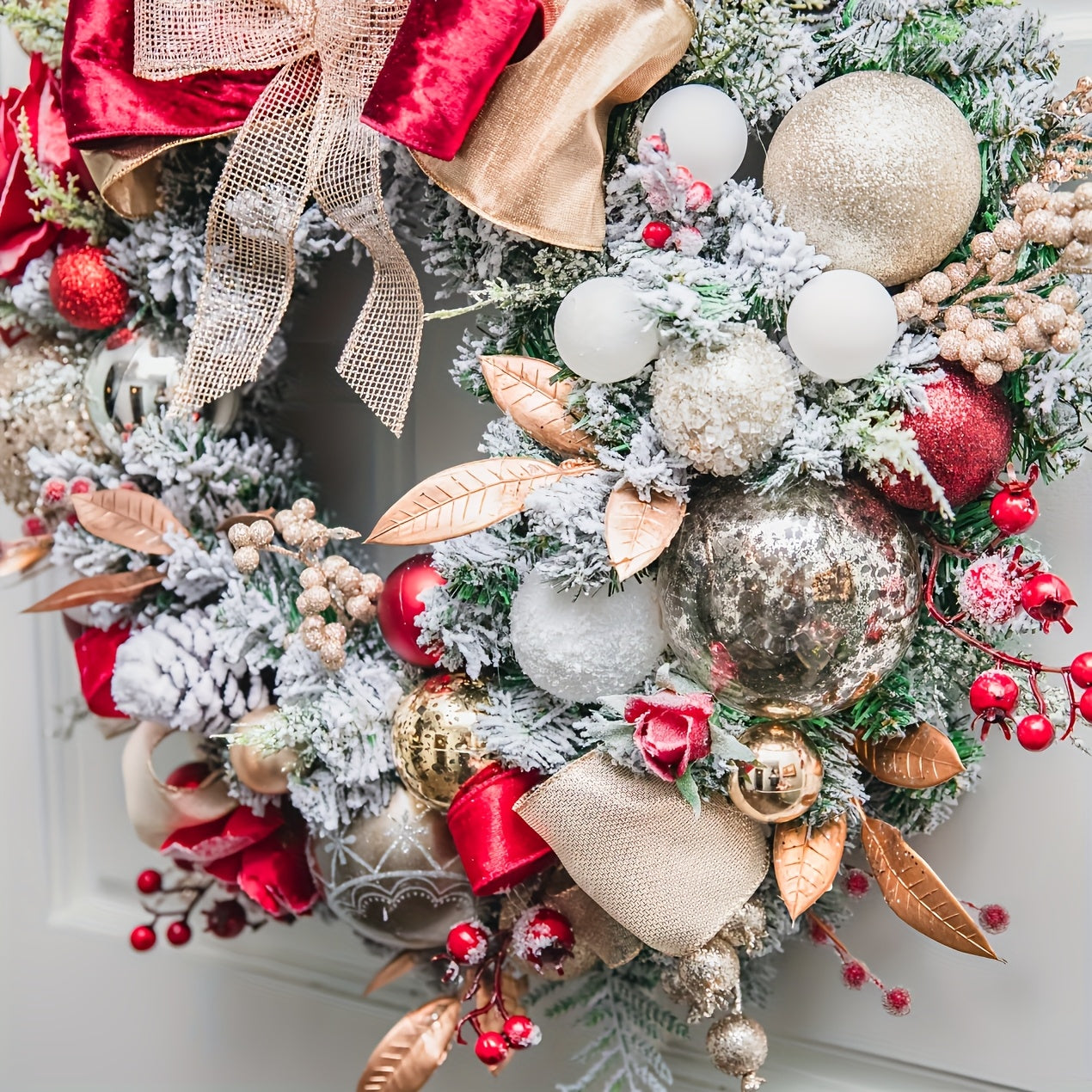 Elegant Red & Golden Christmas Wreath with Mixed Ribbons, Red Berries & Roses - Artificial Plastic Door Wreath for Indoor/Outdoor Holiday Decor, Perfect For Christmas, Halloween, Winter Celebrations, Christmas Decorations, Be