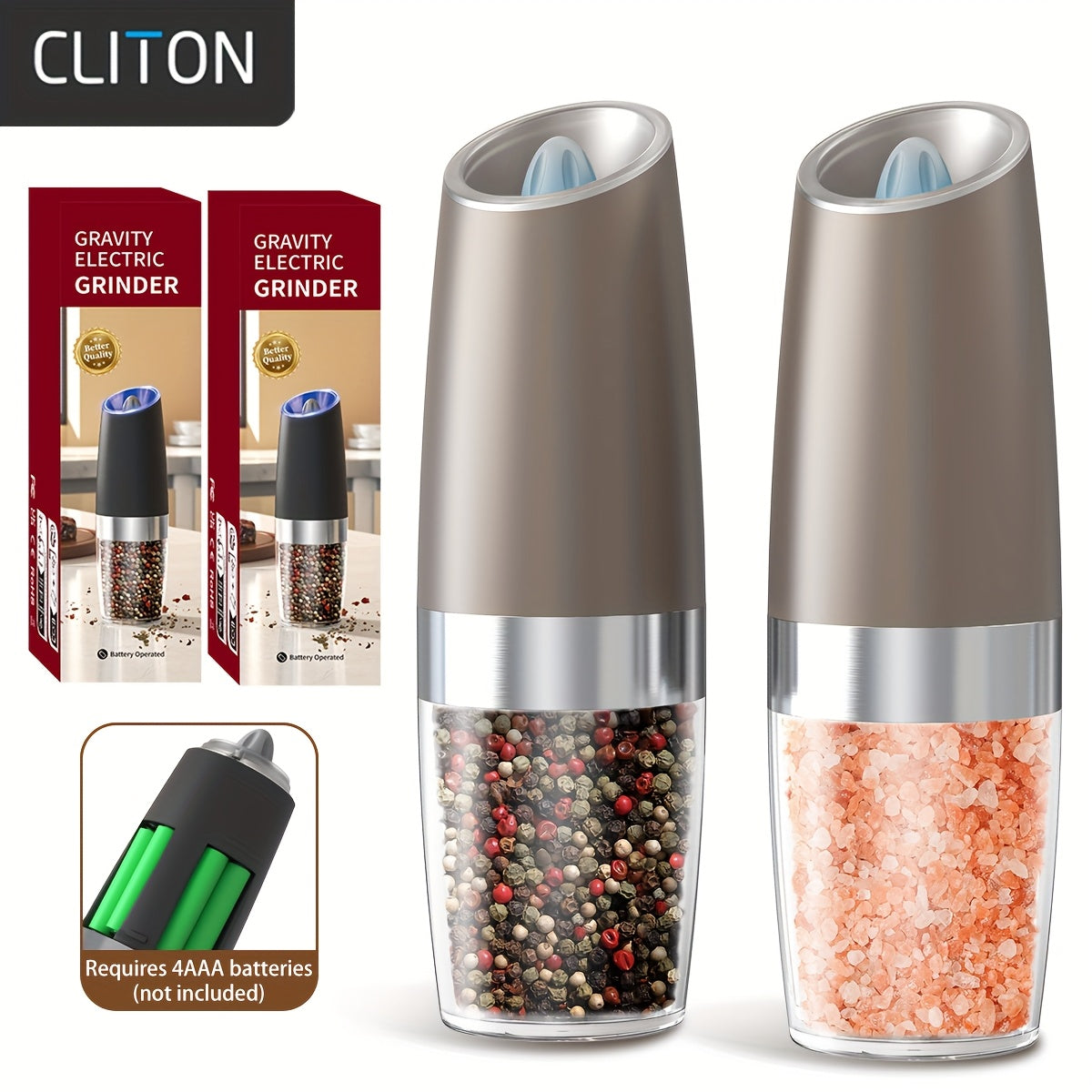 1pc/2pcss Electric Salt And Pepper Grinder, Automatic Pepper Mill, Salt And Pepper Grinder Electric 2pcs, Tilted Automatic Grind With LED Light, Battery Powered, Adjustable Coarseness, Easy To Clean, One-Hand Operation, Kitch