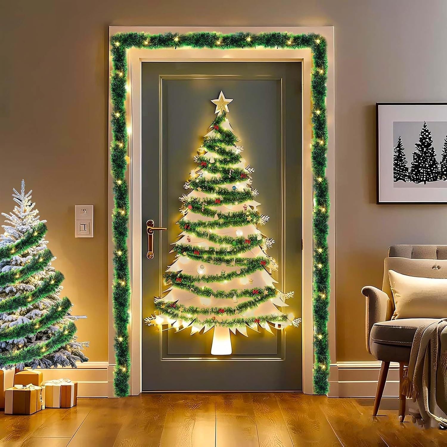 Pre-Lit Christmas Garland with Lights, 2 pcs 400 cm 30 LED Operated Greenery, Plastic Material No Feathers, for Stairs Railing Fireplace Mantle & Door Frame Decor, Indoor Office Holiday Decoration, Wall Hanging Christmas Deco