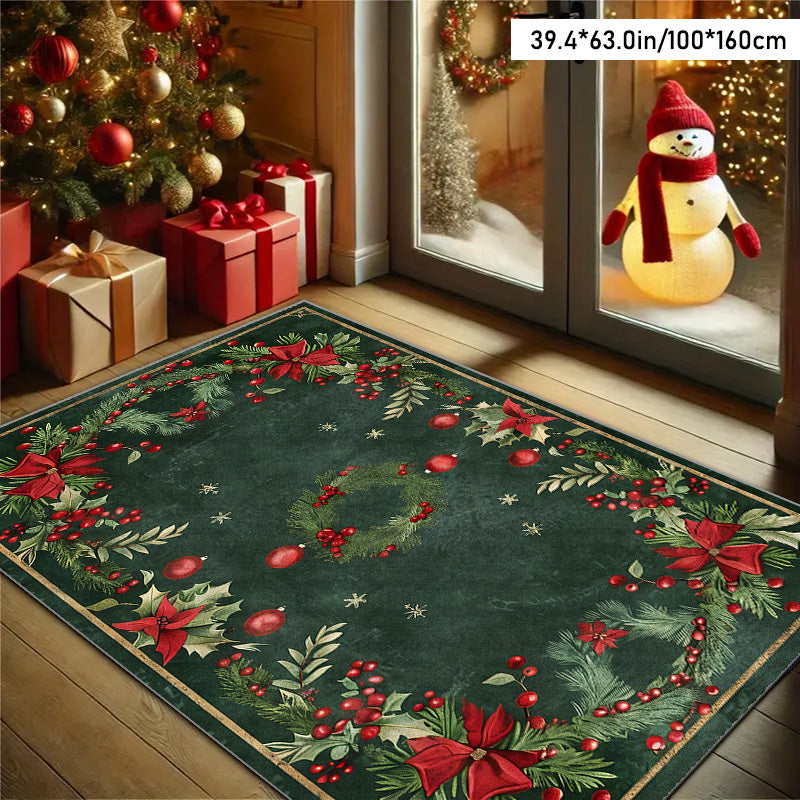 1pc Modern Christmas Holly Pattern Mat, Indoor Large Mat, Christmas Decoration, Non-Slip Backing and Machine Washable, Suitable for Living Room, Dining Room, Bedroom, Office, Room Decoration, Home Decoration, Ultra Soft Hypoa