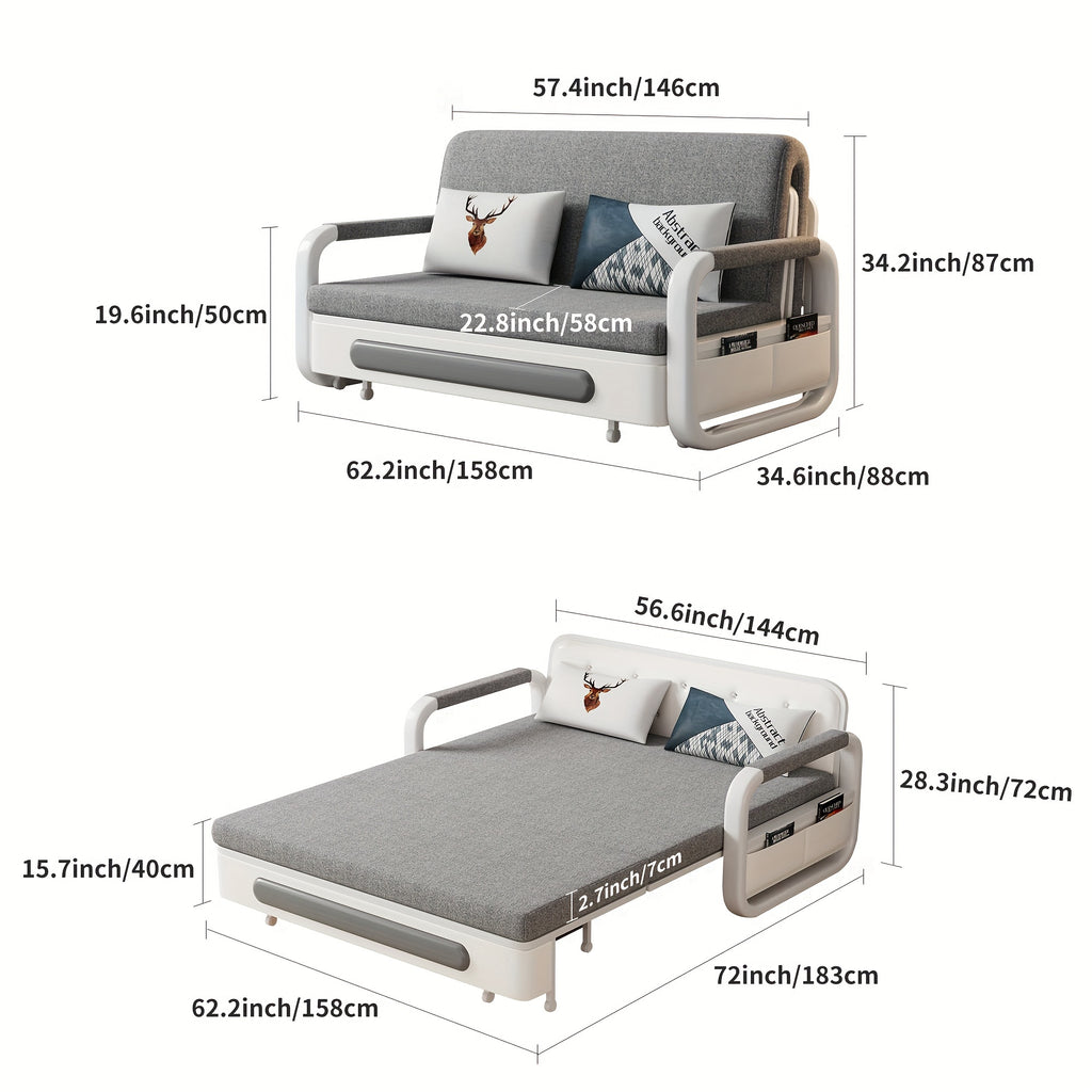 3-in-1 Multifunctional Sofa Bed with Wooden Storage Cabinet, Retractable Double Sofa Bed for Home Use, Space-Saving for Small Apartments, Straight-Line Light Grey Linen Fabric Cushioned Sofa Bed, Suitable for Living Room Or B