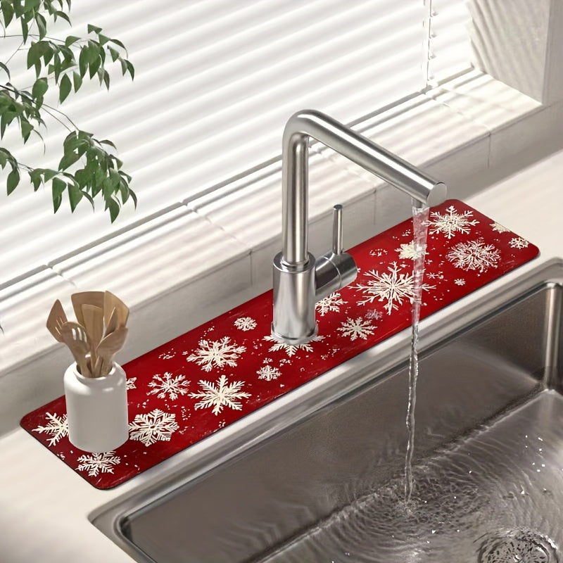 [1PC Christmas Snowflake Mat] Christmas Snowflake Red Dish Drying Mat - 1PC Moisture-Wicking Polyester Kitchen Faucet Pad, Durable and Absorbent Sink Surround Cover for Holiday Decor, Ideal for Home and Gift Use
