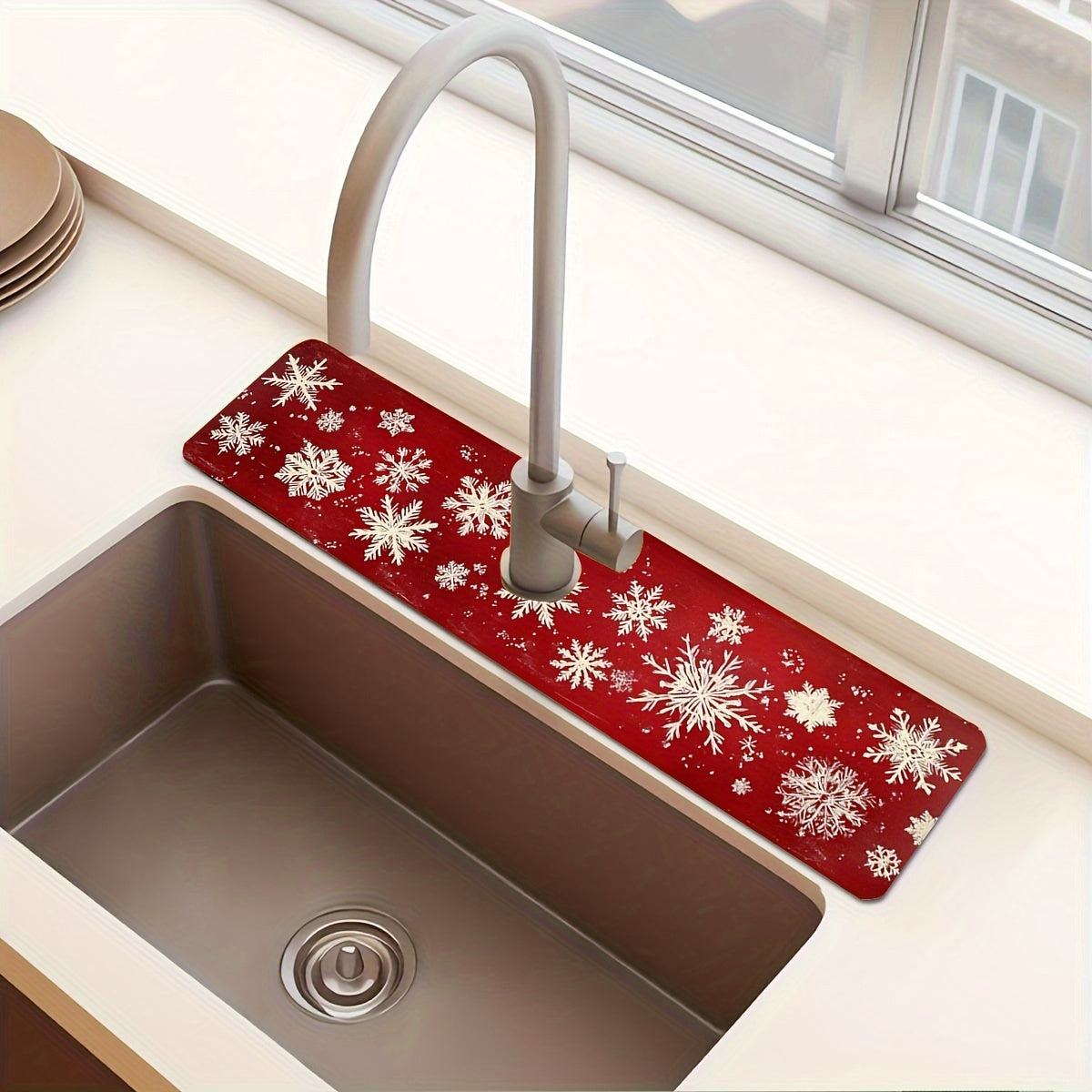 [1PC Christmas Snowflake Mat] Christmas Snowflake Red Dish Drying Mat - 1PC Moisture-Wicking Polyester Kitchen Faucet Pad, Durable and Absorbent Sink Surround Cover for Holiday Decor, Ideal for Home and Gift Use