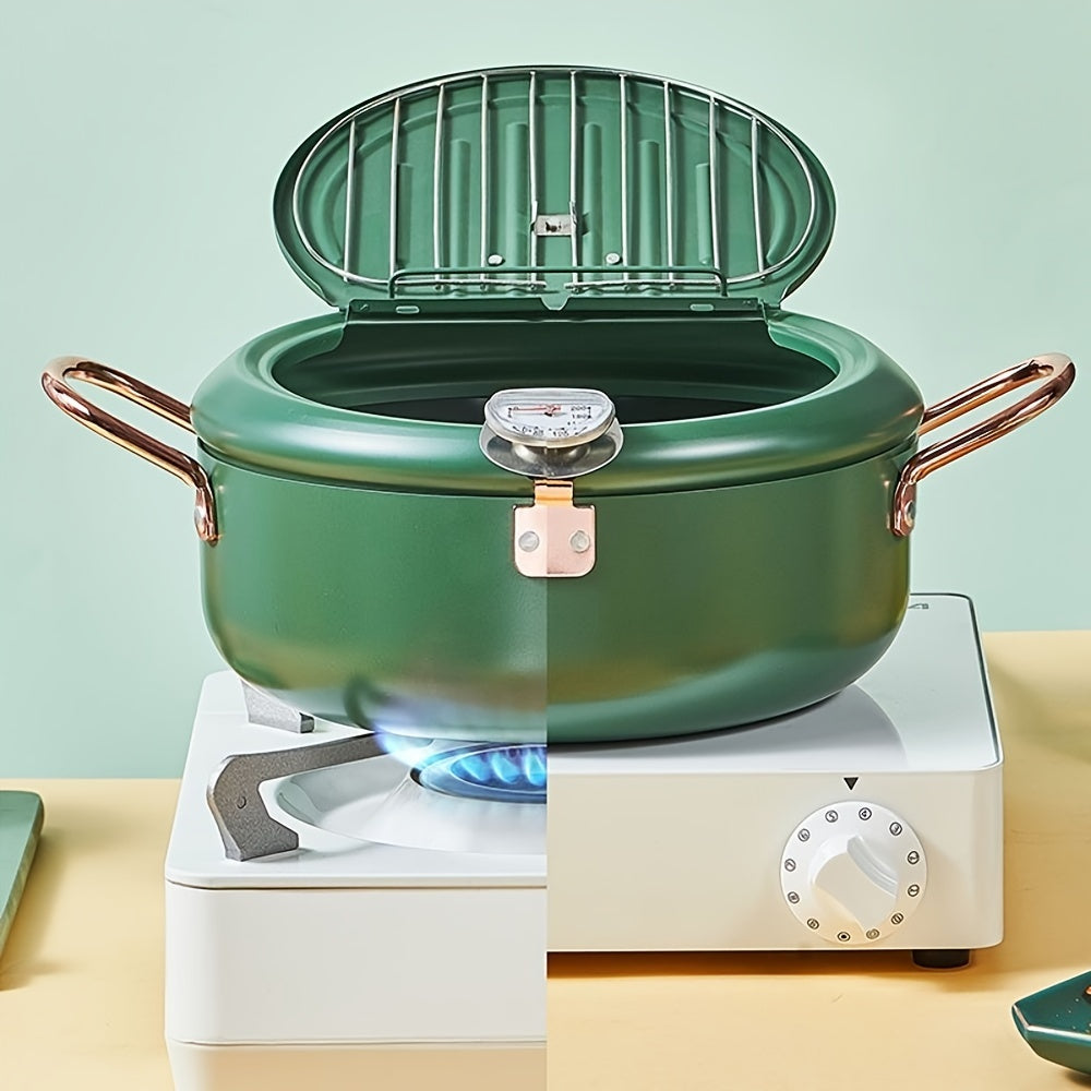 Deep Fryer Pot, 4.3L/11 Inch Japanese Tempura Frying Pot with Fahrenheit Thermometer, for Tempura/Frech/Fish/Chicken Fries, Easy Clean, Green