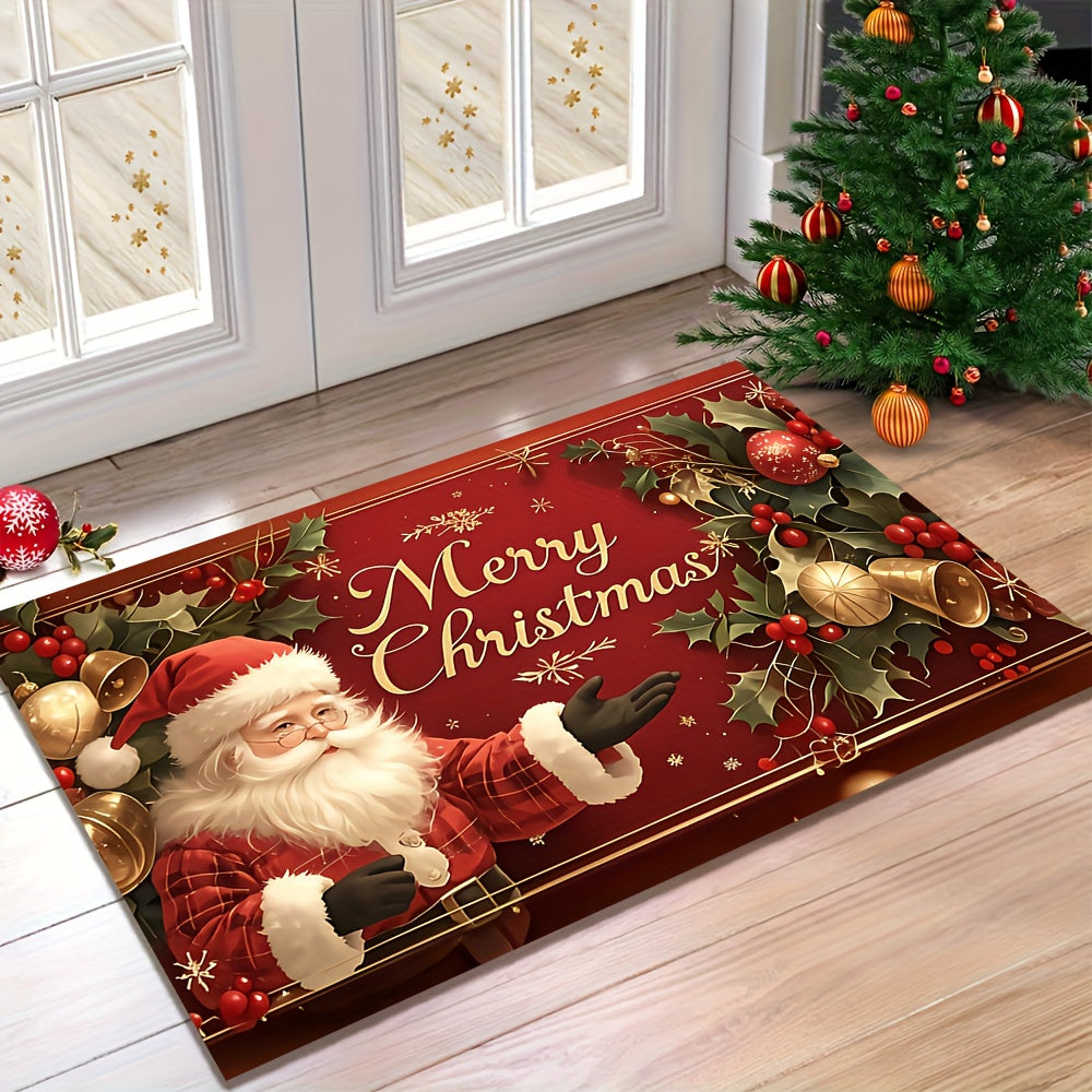 [Christmas Welcome Mat] 1pc Christmas Welcome Mat | Santa Claus & Tree Pattern | "Merry Christmas" Text | Machine Washable | Festive Holly Berry Golden Accents | Indoor/Outdoor Door Mat